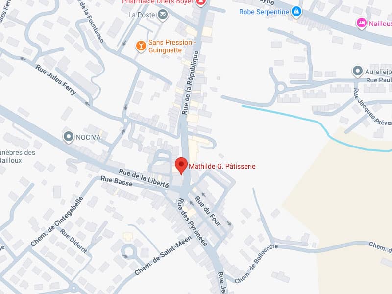 Carte montrant l'emplacement de Mathilde G. Pâtisserie, près de la Rue de la Liberté et de la Rue de la République.